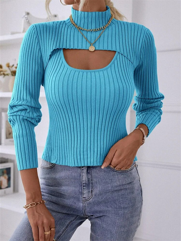 Divdaļīgs sieviešu trikotāžas topi vienkrāsains džemperis ar garām piedurknēm ar augstu kakla izgriezumu + rievota veste, sieviešu rudens trikotāža