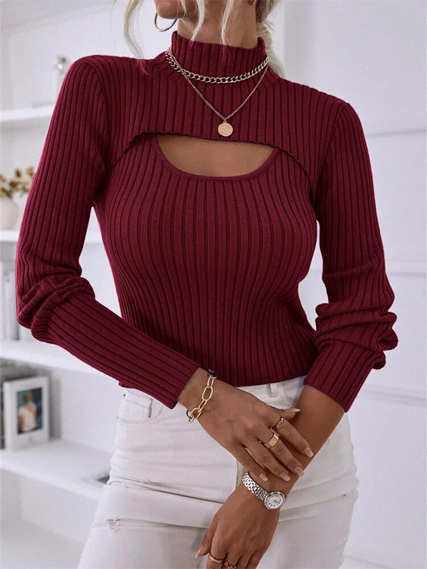 Divdaļīgs sieviešu trikotāžas topi vienkrāsains džemperis ar garām piedurknēm ar augstu kakla izgriezumu + rievota veste, sieviešu rudens trikotāža