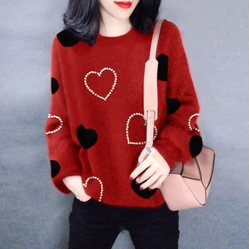 Γυναικεία Casual Love Heart Pattern Print Πλεκτά πουλόβερ πουλόβερ Γυναικεία μόδα 2022 Μακρυμάνικο πλεκτό Γυναικείο μπλουζάκι με λαιμόκοψη