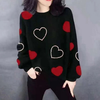 Дамски ежедневни плетени пуловери с принт на любовни сърца, дамски модни трикотажни облекла с дълги ръкави за 2022 г. Дамско горнище с деколте