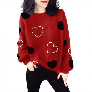 Дамски ежедневни плетени пуловери с принт на любовни сърца, дамски модни трикотажни облекла с дълги ръкави за 2022 г. Дамско горнище с деколте