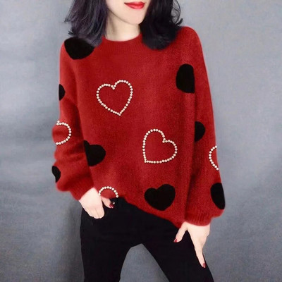 Naiste vabaaja armastuse südamemustriga kootud pullover kampsunid naiste mood 2022 pikkade varrukatega kudumid Naiste o-kaelusega topp