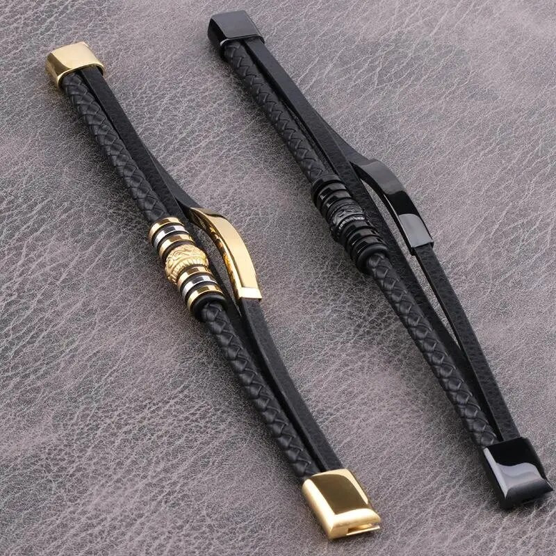 Jiayiqi új többrétegű bőr karkötő férfiaknak, rozsdamentes acél mágneses luxus karkötő divatos karkötő kiegészítők ajándék