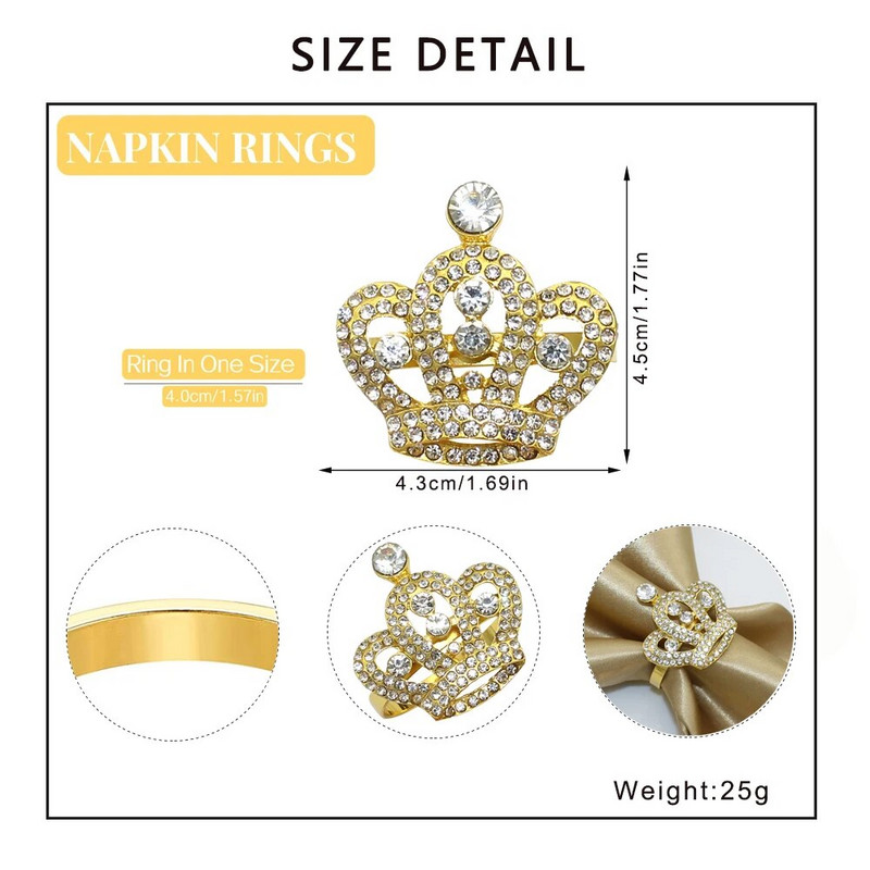 6Gb Zelta salvešu gredzeni Rhinestone kronis salvešu gredzenu turētājs kāzām Lieldienām Ziemassvētkiem Halovīni svētku galda dekors HWD08