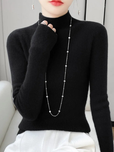 Addonee Sieviešu džemperis Rudens Ziemas Mock Kakla Plāns Pulovers 100% Merino vilnas Cieta Kašmira Trikotāžas Vienkāršs Šiks Džemperis 2023 Jaunums