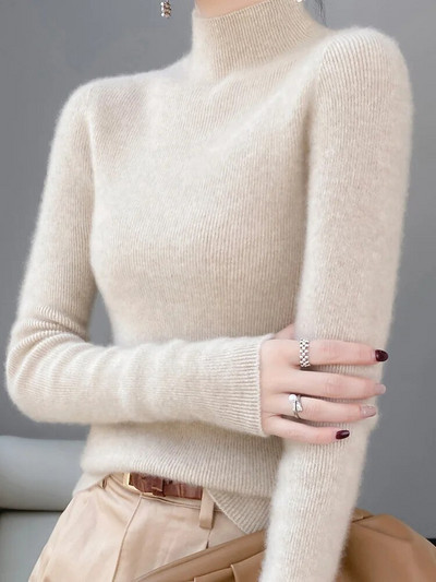 Addonee Sieviešu džemperis Rudens Ziemas Mock Kakla Plāns Pulovers 100% Merino vilnas Cieta Kašmira Trikotāžas Vienkāršs Šiks Džemperis 2023 Jaunums