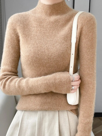 Addonee Sieviešu džemperis Rudens Ziemas Mock Kakla Plāns Pulovers 100% Merino vilnas Cieta Kašmira Trikotāžas Vienkāršs Šiks Džemperis 2023 Jaunums