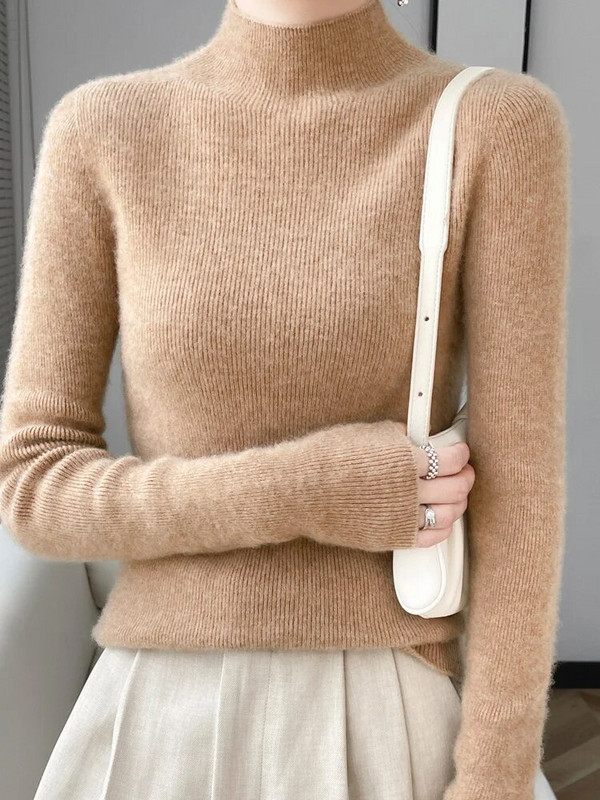 Addonee Sieviešu džemperis Rudens Ziemas Mock Kakla Plāns Pulovers 100% Merino vilnas Cieta Kašmira Trikotāžas Vienkāršs Šiks Džemperis 2023 Jaunums