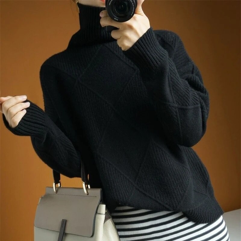 Sieviešu džemperis ar bruņurupuču apkakli, brīvs džemperis 2023. gada rudens un ziemas jauns modes trikotāža Sieviešu sieviešu stila džemperis, biezināts, silti