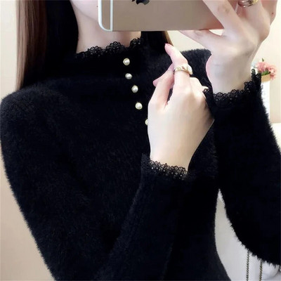 Ūdeļu imitācija ar pusi bruņurupuča trikotāžas topi Mežģīnes, tievi, biezi trikotāžas džemperi, mīksts apakšmalas džemperis rudens ziemas sieviešu džemperis