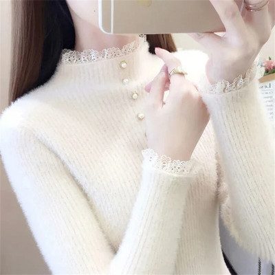 Ūdeļu imitācija ar pusi bruņurupuča trikotāžas topi Mežģīnes, tievi, biezi trikotāžas džemperi, mīksts apakšmalas džemperis rudens ziemas sieviešu džemperis