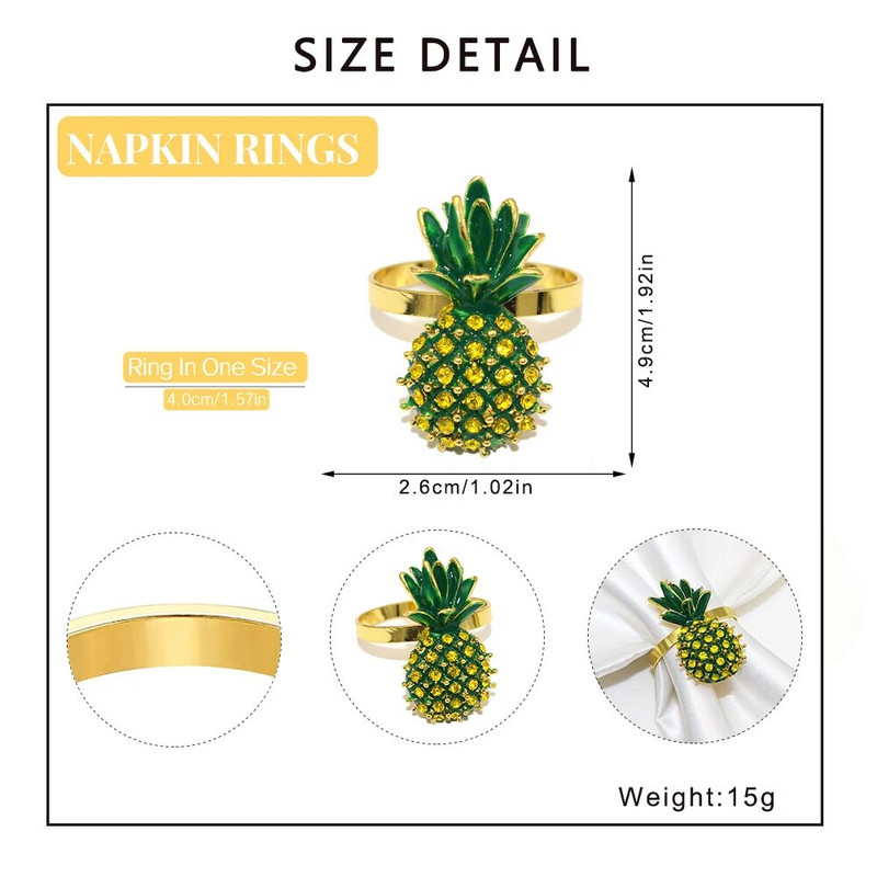 6 tk Crystal Rhinstone ananassi salvrätiku rõngad Elegantsed puuviljast salvrätikuhoidja rõngad beebi dušši jaoks sõbrapäeva pulmadekoratsiooniks