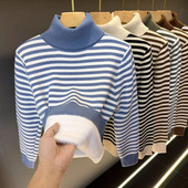 Őszi téli női garbó koreai divat bársony meleg női pulóverek és pulóverek fekete fehér csíkos pulóverek női kötöttáru