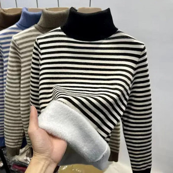 Есенно-зимни дамски водолазки Корейски модни кадифени топли дамски пуловери и джъмпери Черно-бели пуловери на райета Дамски трикотаж