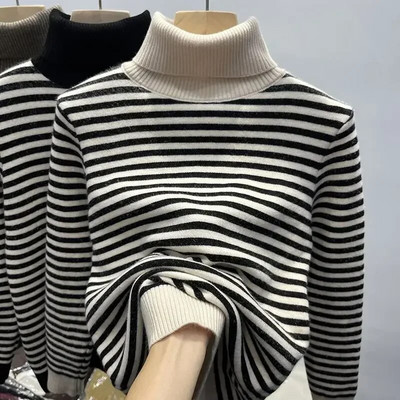 Őszi téli női garbó koreai divat bársony meleg női pulóverek és pulóverek fekete fehér csíkos pulóverek női kötöttáru