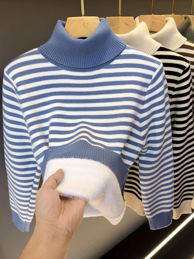 Őszi téli női garbó koreai divat bársony meleg női pulóverek és pulóverek fekete fehér csíkos pulóverek női kötöttáru