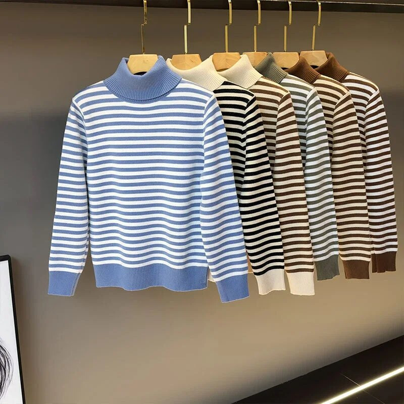 Őszi téli női garbó koreai divat bársony meleg női pulóverek és pulóverek fekete fehér csíkos pulóverek női kötöttáru