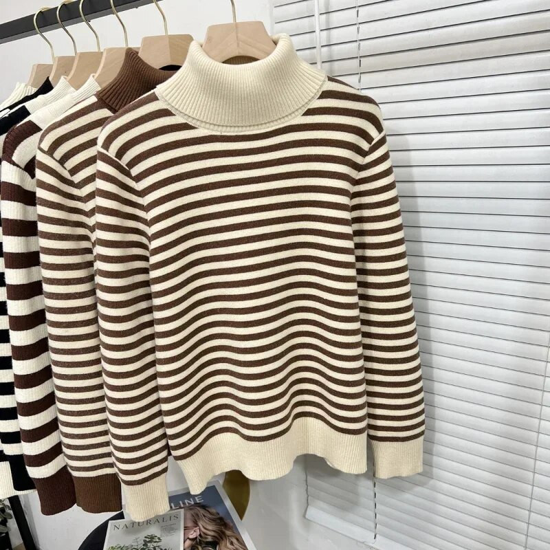 Őszi téli női garbó koreai divat bársony meleg női pulóverek és pulóverek fekete fehér csíkos pulóverek női kötöttáru