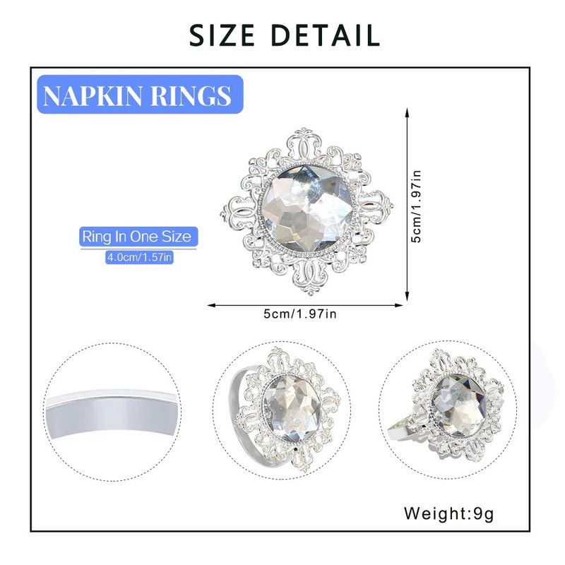 6Gb Dimanta salvešu gredzeni Crystal Rhinestone Bling salvešu turētāji kāzu Ziemassvētku vakariņu ballītei Mājas galda noformējums HWD75