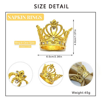 Dvianna 6Pcs Rhinestone Crown Пръстени за салфетки Златен държач за салфетки за булчински душ Сватбен банкет Декорация на маса за рожден ден HWM214