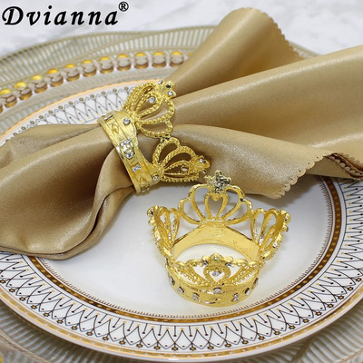 Dvianna 6Gb Rhinestone Crown salvešu gredzeni Zelta salvešu turētājs līgavas dušai kāzu banketu dzimšanas dienas galda noformējums HWM214