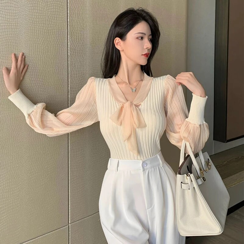 Lucyever korejiešu elegants bantītis ar V veida kakla izgriezumu sieviešu džemperis, elegants, šaurs piegriezums, lāpveida piedurknes, trikotāžas pulovers, elastīgs, rievotas trikotāžas izstrādājums, sieviete