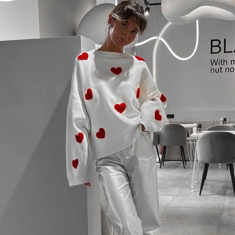 Szerelem hímzés Női kötött pulóverek 2023 ősz, tél, alkalmi, nyakú pulóverek, női divat, kivágású, alkalmi felsők, kötöttáru