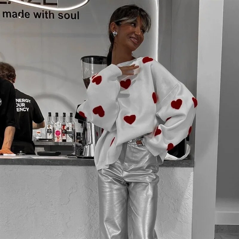 Szerelem hímzés Női kötött pulóverek 2023 ősz, tél, alkalmi, nyakú pulóverek, női divat, kivágású, alkalmi felsők, kötöttáru