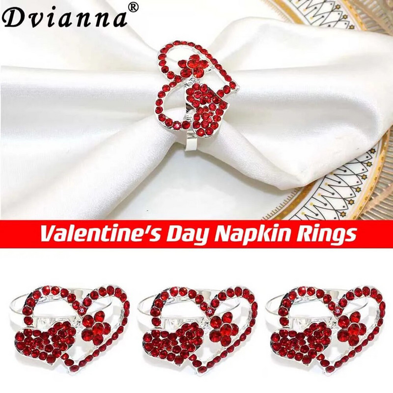 6Gb Valentīndienas sirds salvešu gredzeni Sarkanā kristāla kalnu kristāla salvešu gredzeni kāzu jubilejas galda dekorēšanai HWD10