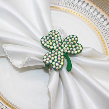 6Pcs Rhinestone Shamrock Пръстени за салфетки Ден на Свети Патрик Държачи за салфетки Метална катарама Зелена детелина Декорация на маса за хранене HWD116