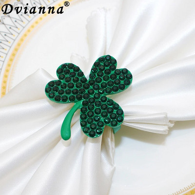 6Pcs Rhinestone Shamrock Пръстени за салфетки Ден на Свети Патрик Държачи за салфетки Метална катарама Зелена детелина Декорация на маса за хранене HWD116