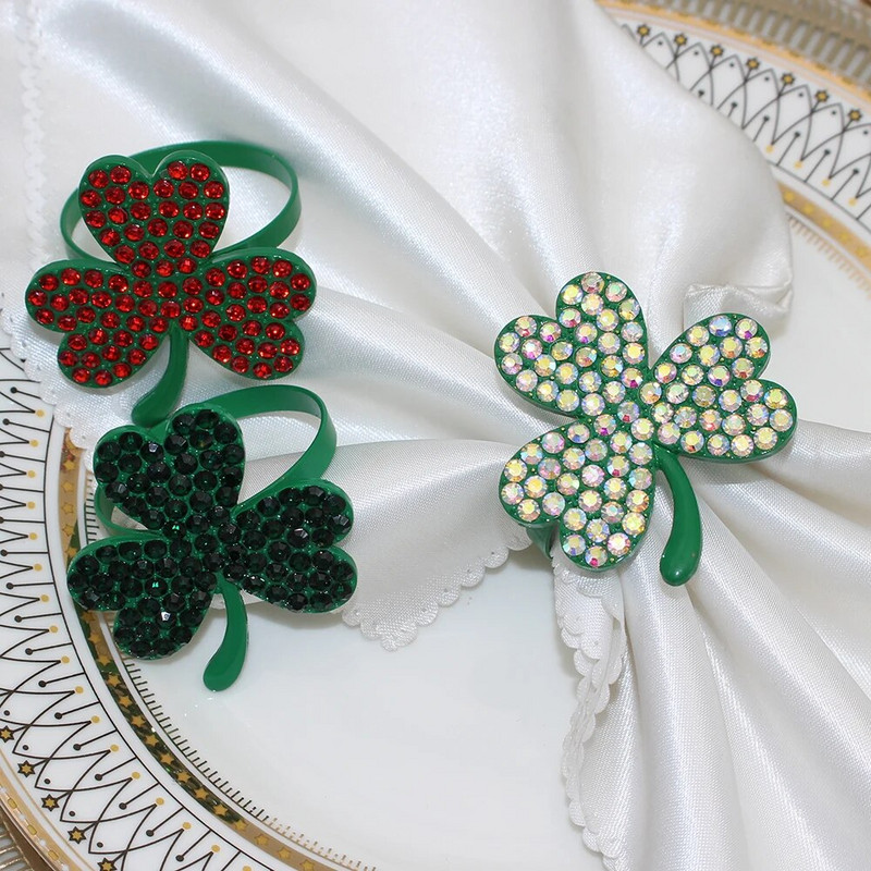 6Gb Rhinestone Shamrock salvešu gredzeni Sv. Patrika dienas salvešu turētāji Metāla zaļa āboliņa sprādzes pusdienu galda dekorēšana HWD116