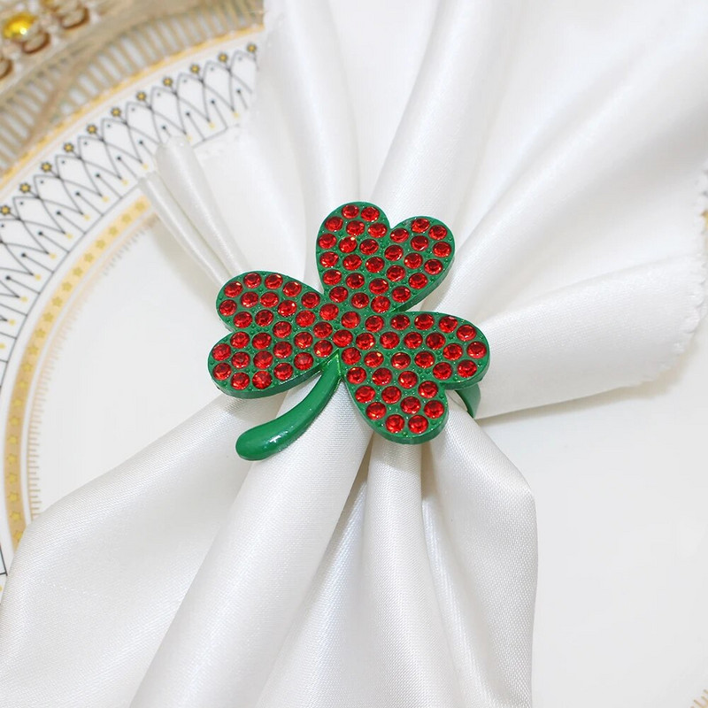 6Gb Rhinestone Shamrock salvešu gredzeni Sv. Patrika dienas salvešu turētāji Metāla zaļa āboliņa sprādzes pusdienu galda dekorēšana HWD116