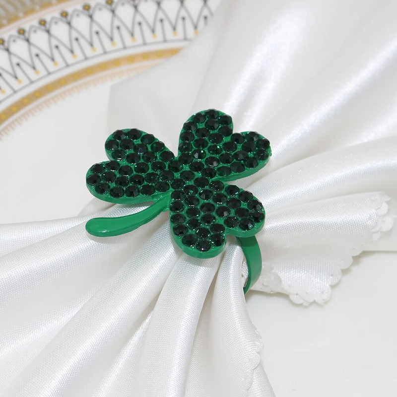 6Gb Rhinestone Shamrock salvešu gredzeni Sv. Patrika dienas salvešu turētāji Metāla zaļa āboliņa sprādzes pusdienu galda dekorēšana HWD116