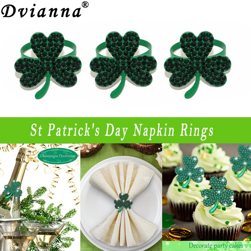 6Gb Rhinestone Shamrock salvešu gredzeni Sv. Patrika dienas salvešu turētāji Metāla zaļa āboliņa sprādzes pusdienu galda dekorēšana HWD116