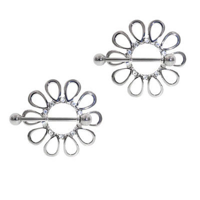 2Gb Karsts Rhinestone Nerūsējošā tērauda pīrsings Mamilo Nippel Pīrsings Pezon Juvelierizstrādājumi 14G Klasisks ziedu ziedlapiņas krūšu pīrsings