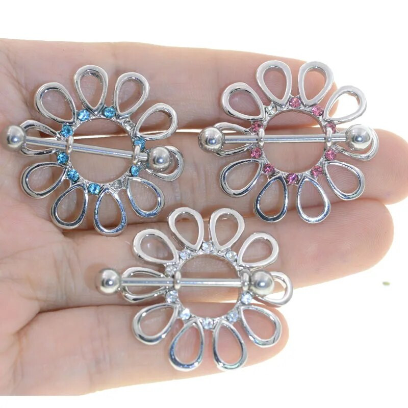 2Gb Karsts Rhinestone Nerūsējošā tērauda pīrsings Mamilo Nippel Pīrsings Pezon Juvelierizstrādājumi 14G Klasisks ziedu ziedlapiņas krūšu pīrsings