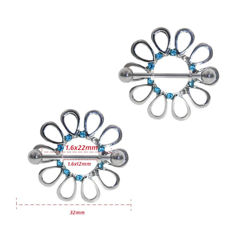 2Gb Karsts Rhinestone Nerūsējošā tērauda pīrsings Mamilo Nippel Pīrsings Pezon Juvelierizstrādājumi 14G Klasisks ziedu ziedlapiņas krūšu pīrsings