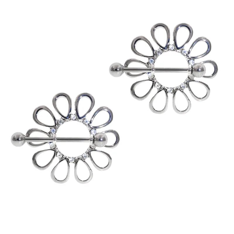 2Gb Karsts Rhinestone Nerūsējošā tērauda pīrsings Mamilo Nippel Pīrsings Pezon Juvelierizstrādājumi 14G Klasisks ziedu ziedlapiņas krūšu pīrsings