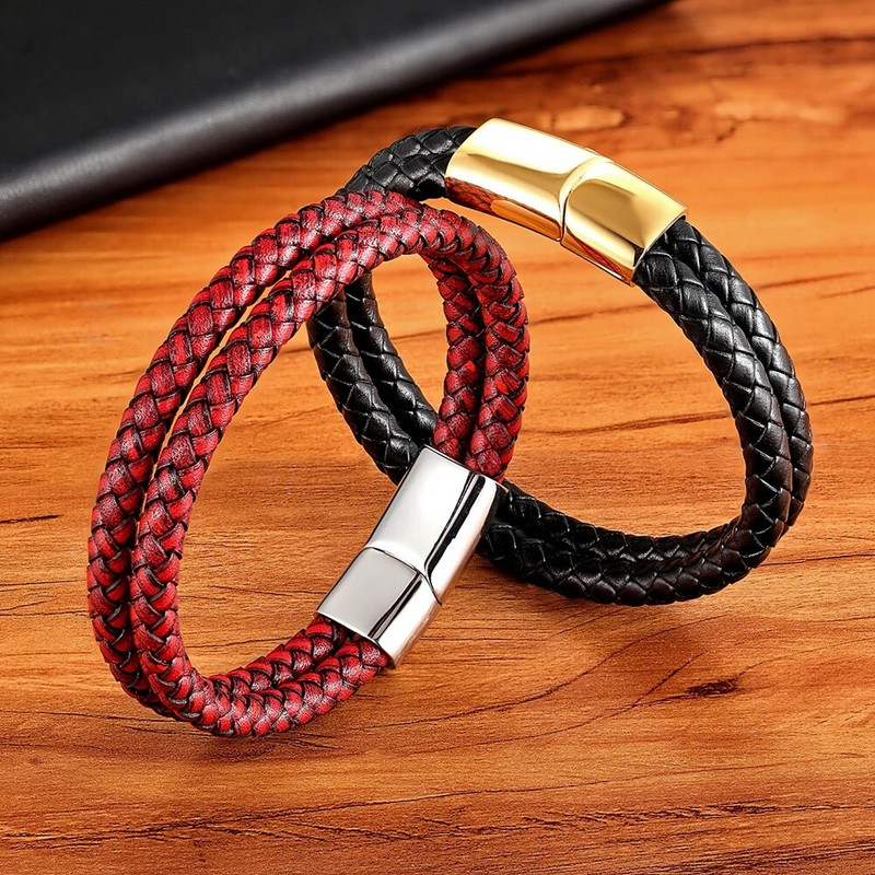 XQNI New Design Classic Vintage bőr rozsdamentes acél bőr férfi karkötő acél színes gomb kiegészítők karácsonyi ajándékok