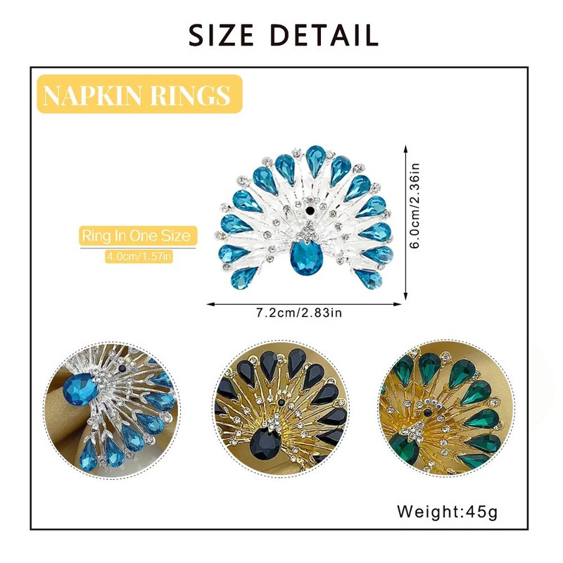 6Gb Zila Rhinestone salvešu gredzeni metāla pāva salvešu sprādze Pateicības Ziemassvētku kāzu ballītēm Vakariņas Dekors HWD147