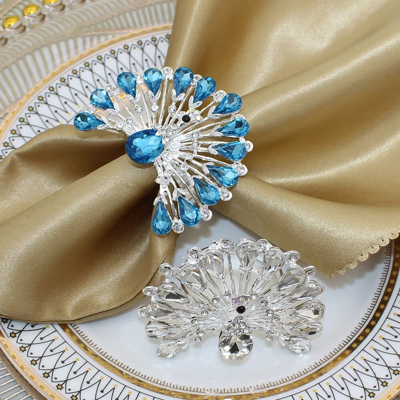 6Gb Zila Rhinestone salvešu gredzeni metāla pāva salvešu sprādze Pateicības Ziemassvētku kāzu ballītēm Vakariņas Dekors HWD147