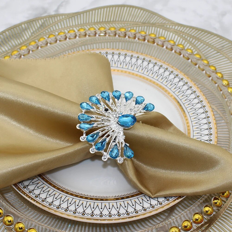 6Gb Zila Rhinestone salvešu gredzeni metāla pāva salvešu sprādze Pateicības Ziemassvētku kāzu ballītēm Vakariņas Dekors HWD147