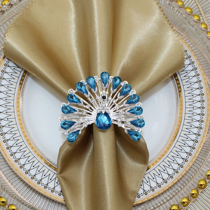 6Gb Zila Rhinestone salvešu gredzeni metāla pāva salvešu sprādze Pateicības Ziemassvētku kāzu ballītēm Vakariņas Dekors HWD147