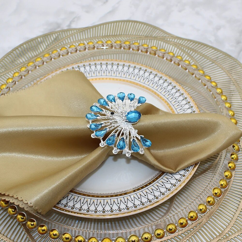 6Gb Zila Rhinestone salvešu gredzeni metāla pāva salvešu sprādze Pateicības Ziemassvētku kāzu ballītēm Vakariņas Dekors HWD147