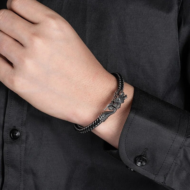 MKENDN Punk Rock Ανδρικά κοσμήματα που δεν ξεθωριάζουν Steel Wire Rope Dragon Leather βραχιόλι Vintage Cuff Charm Βραχιόλι Βίκινγκ Κοσμήματα