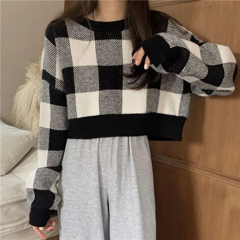 GIDYQ apgriezts džemperis sieviešu korejiešu O kakla rūtainā apdruka Trikotāža Vintage brīvs All Match Preppy Style džemperis džemperis rudens