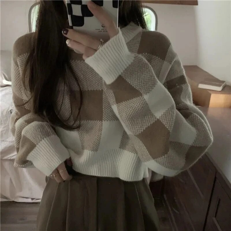 GIDYQ apgriezts džemperis sieviešu korejiešu O kakla rūtainā apdruka Trikotāža Vintage brīvs All Match Preppy Style džemperis džemperis rudens