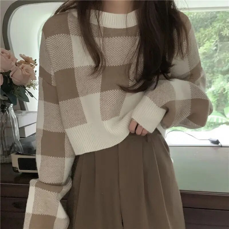 GIDYQ apgriezts džemperis sieviešu korejiešu O kakla rūtainā apdruka Trikotāža Vintage brīvs All Match Preppy Style džemperis džemperis rudens