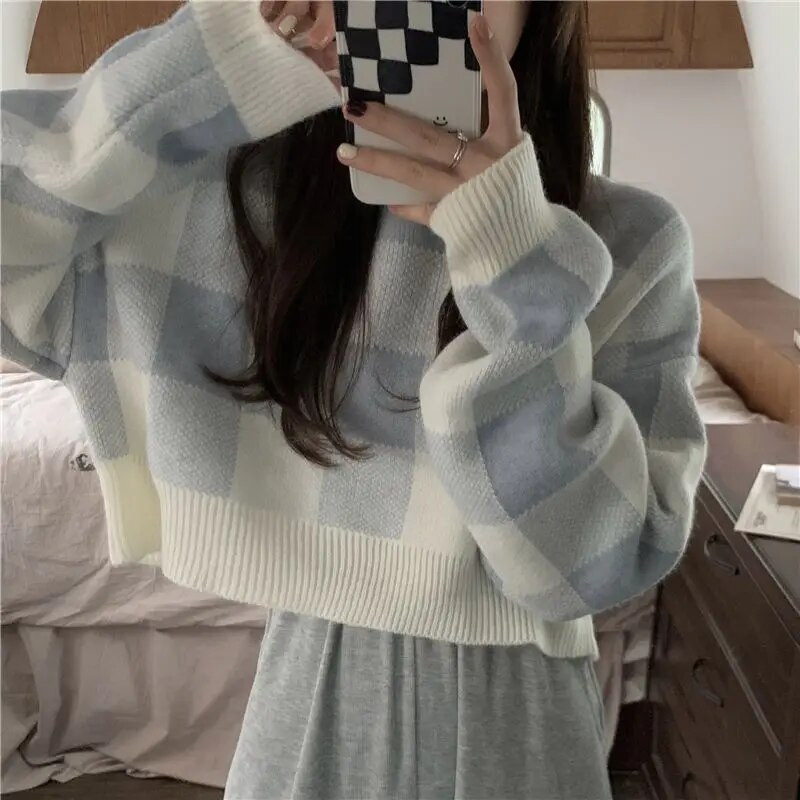 GIDYQ apgriezts džemperis sieviešu korejiešu O kakla rūtainā apdruka Trikotāža Vintage brīvs All Match Preppy Style džemperis džemperis rudens